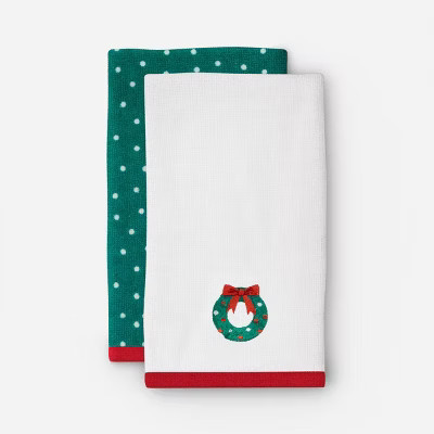 2pk Wreath and Green/White Dot Christmas Hand Towel Set - Wondershop™ | Target