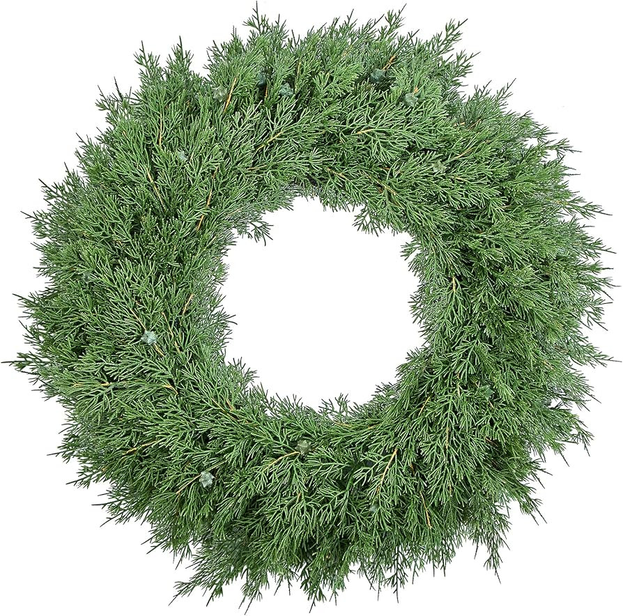 22Inch Christmas Wreath for Front Door, Real Touch Cedar Wreath, Unlit Plain Artificial Cypress W... | Amazon (US)