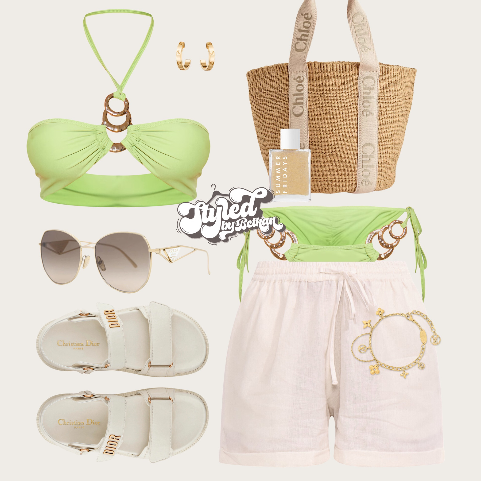 Some cute peices from the ami Charles collection 🤩 tags: pretty little thing green bikini, pretty little thing cream linen shorts, Dior cream leather sandals, Chloe beach bag, Louis Vuitton gold charm bracelet, prada sunglasses, Cartier gold earrings. Summer vacation holiday Ibiza Greece outfit inspiration inspo swimwear, bikini. 

#LTKeurope #LTKswimwear #LTKsummer