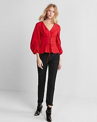 Express Womens Volume Sleeve Corset Front Blouse Red XX Small | Express