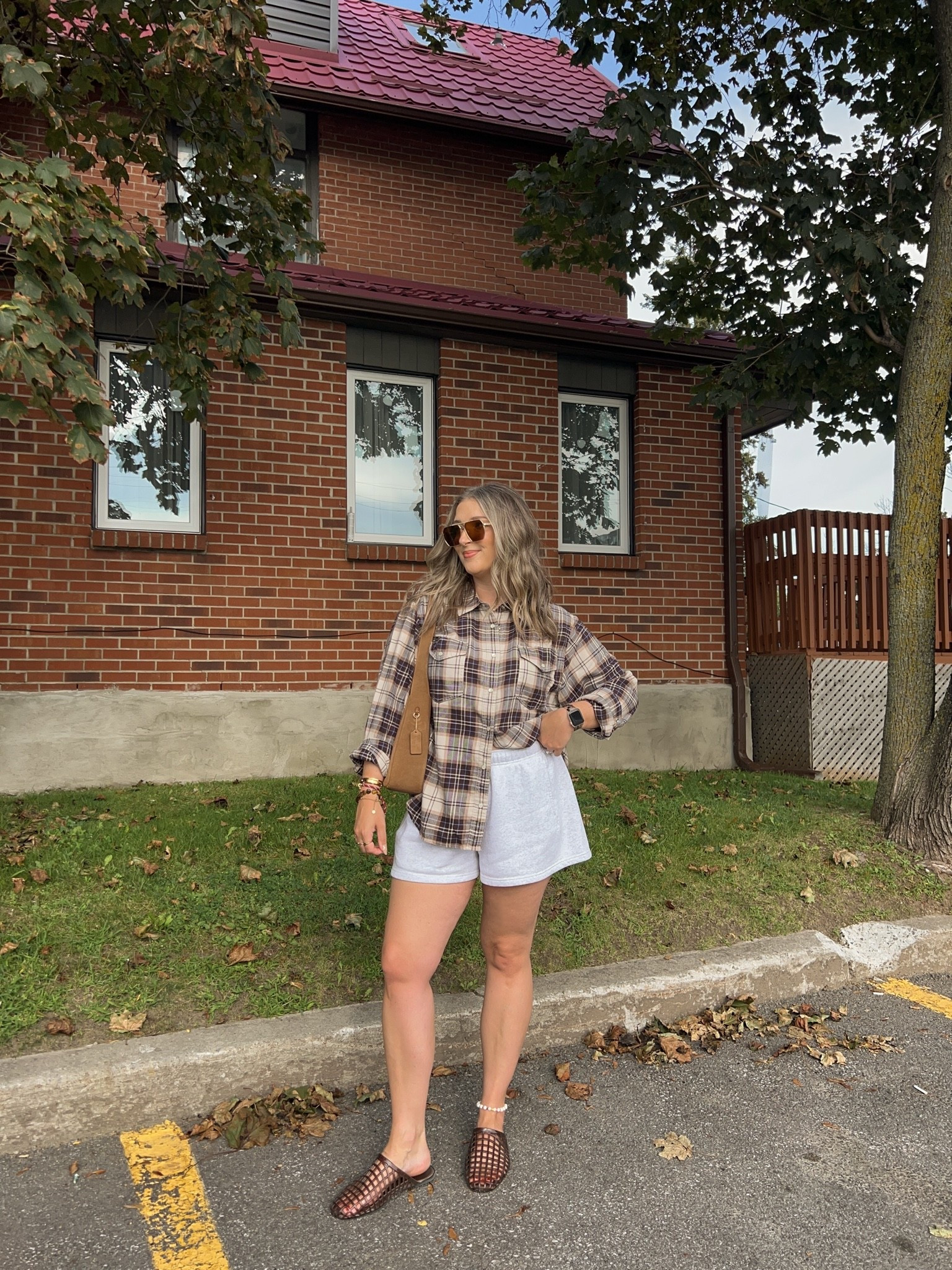 Early fall outift! Flannel is a more fitted style so I sized up to XL for this oversized look. Wearing L in the shorts. I’m a 9.5-10 shoe and wear a 10 in the jelly shoes (exact Canadian shoes link under “similar products”)

#LTKfall #LTKsale #LTKmidsize