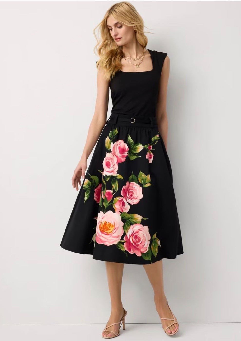 Complete looks tagged below from White House Black Market for women featuring black midi length floral skirt, square neck top, reversible belt and gold open toe heels

#LTKPetite #LTKTall #LTKootd