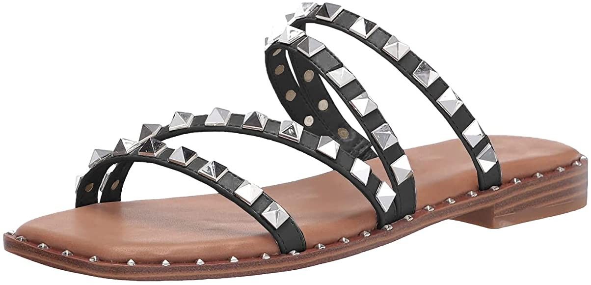 JeimPoey Womens Studded Flat Sandals Open Square Toe Rivets Strappy Slip on Slides Sandal | Amazon (US)