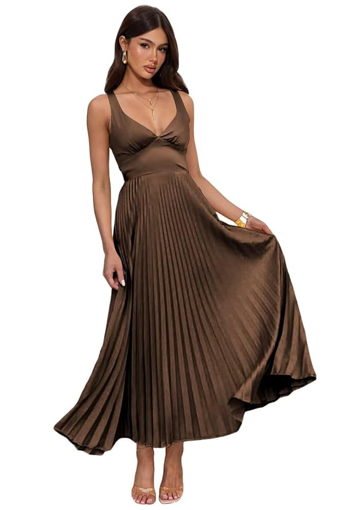 Pleated Satin Bridesmaid Dress V-Neck Backless Maxi Dresses for Women QA236 | Amazon (US)