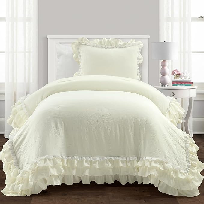 Lush Decor Ella Ruffle Lace Comforter, 2 Piece Set, Twin, Ivory - Cute Comforter - Twin Bedding S... | Amazon (US)
