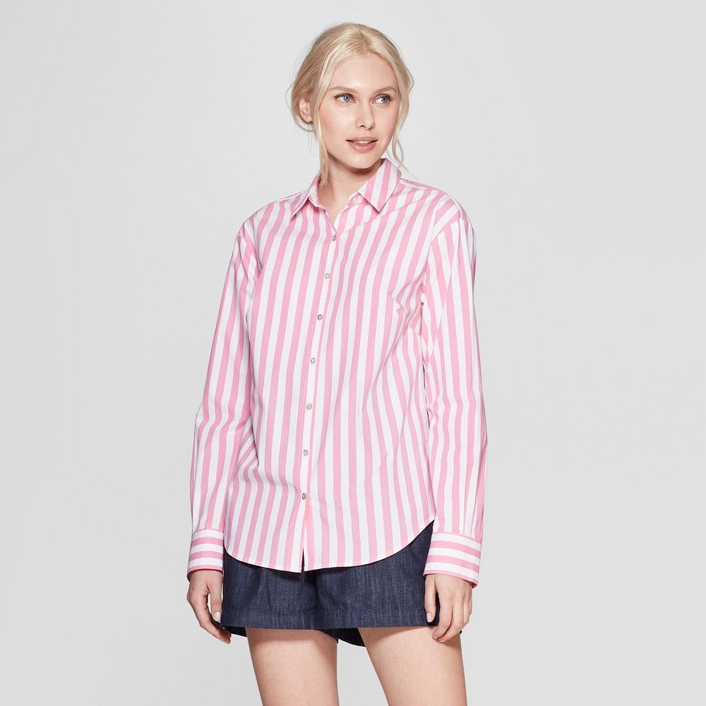 Women's Striped Long Sleeve Woven Shirt - A New Day White/Pink S | Target