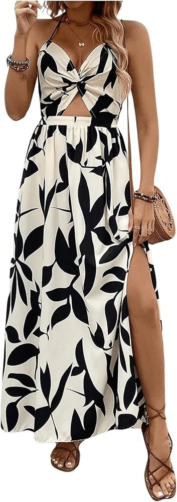 MakeMeChic Women's Tie Back Sleeveless Halter Summer Dress Graphic Cut Out Twist Front Maxi Dress | Amazon (US)