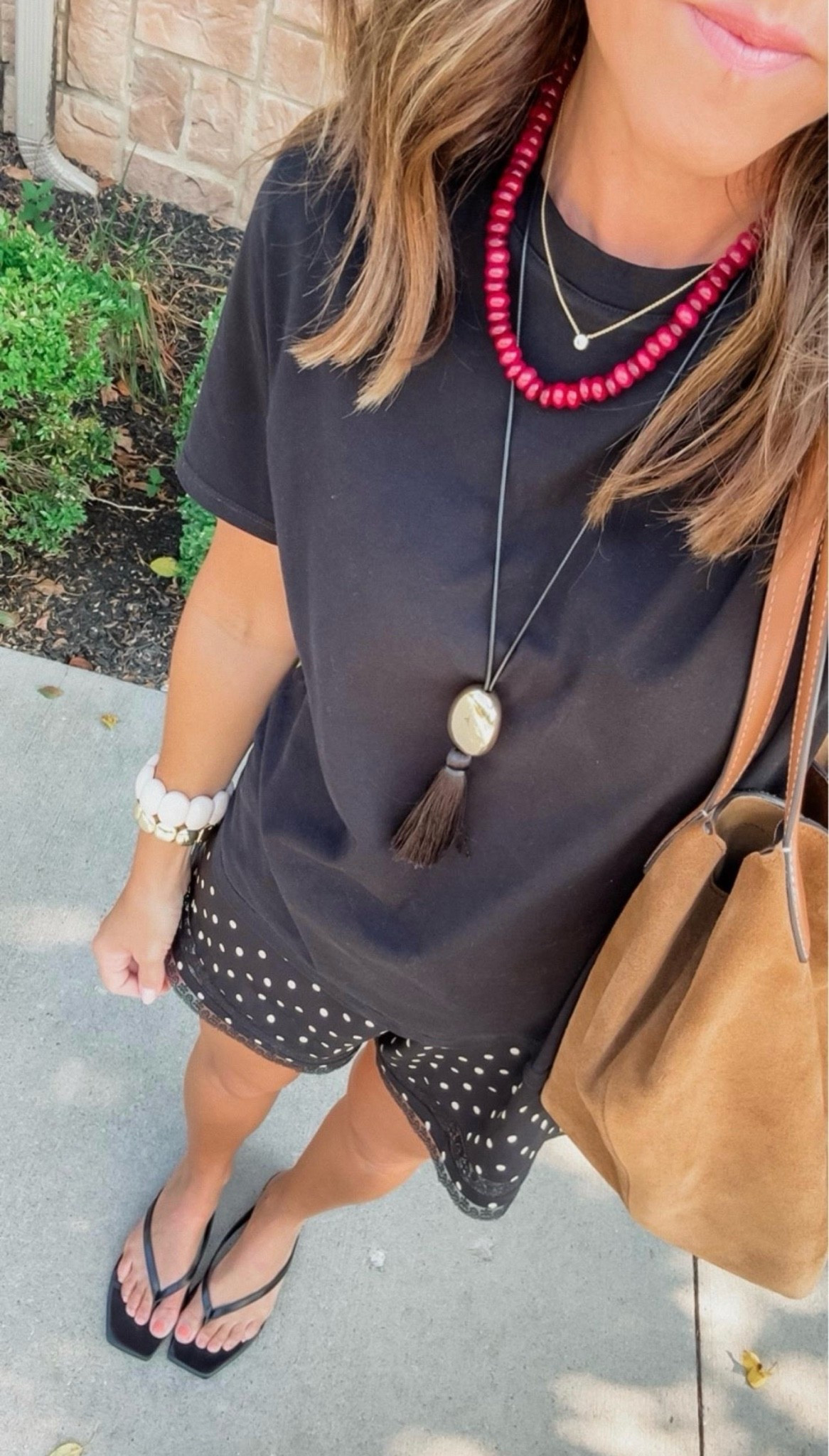 This outfit is the perfect laid back, chic outfit. LOVE. 
Small polka dot shorts
Small tee 
Red necklace / code: twopeasinablog20

#LTKootd #LTKmomlife #LTKOver40