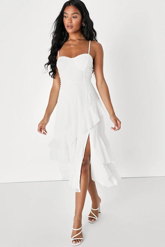 Lovely Inspiration White Swiss Dot Ruffled Tiered Midi Dress | Lulus (US)