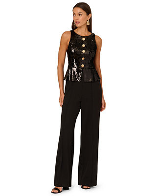 Women's Crew Neck Sequin Bodice Wide-Leg Jumpsuit | Macy's
