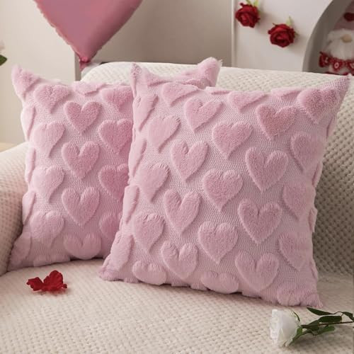 Pink Love Heart Pillow Covers Set of 2, Valentines Throw Pillow Covers, 18 x 18 Inch Pillow Cover, Valentines Couch Pillow Cover, Pink Heart Soft Plush Faux Fur Cushion Case for Sofa Couch Decor | Amazon (US)