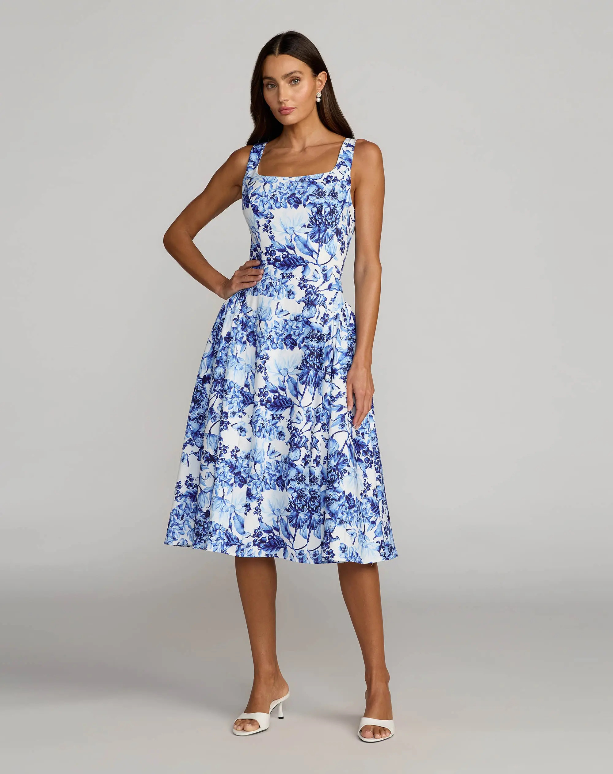 Blue Sleeveless Floral A-Line Midi Dress | Mac Duggal | Mac Duggal