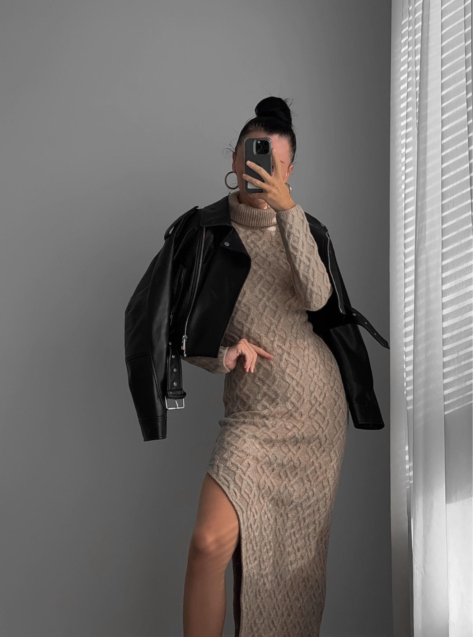 Knit maxi dress and cropped leather jacket. Wearing size S in both #knitdress #knitwear #maxidress #winteroutfit #leatherjacket 

#LTKstyletip #LTKworkwear #LTKSeasonal