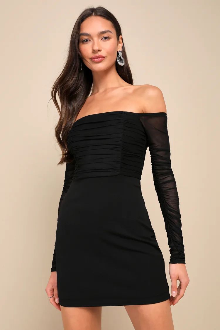 Elegant Eternity Black Mesh Ruched Off-the-Shoulder Mini Dress | Lulus