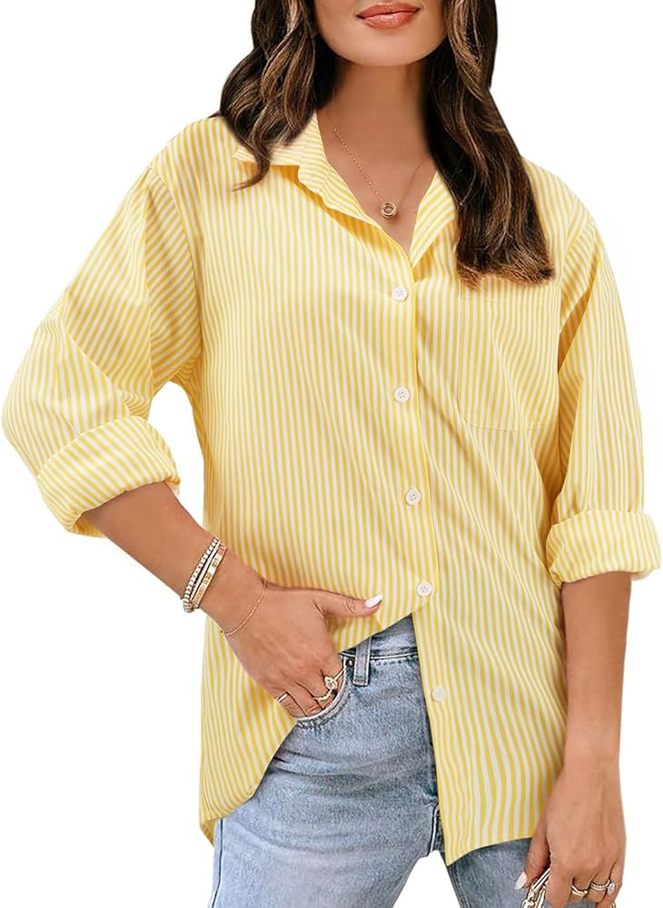 Women's Striped Long Sleeve Button Down Shirts V Neck Casual Tops Classic Office Work Blouses wit... | Amazon (US)