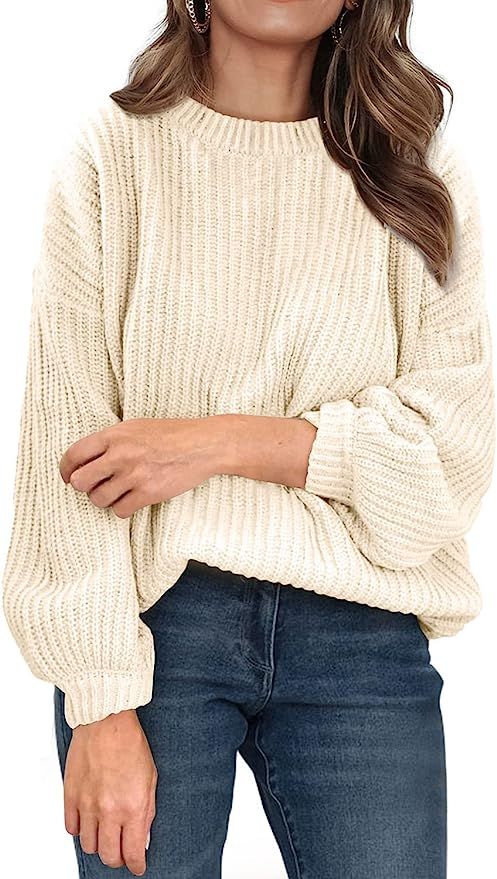 PRETTYGARDEN Women's Crew Neck Loose Drop Shoulder Lantern Sleeve Casual Solid Color Knit Pullove... | Amazon (US)