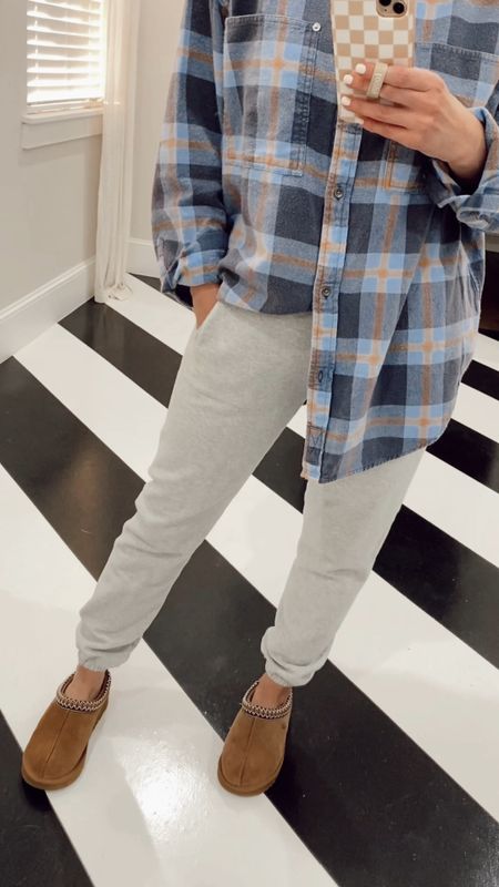 comfy casual outfit // flannel runs oversized (wearing normal size small) 
joggers run oversized (sized down to an xxs) 
Ugg tazz are true to size

#LTKSeasonal #LTKsalealert #LTKHoliday