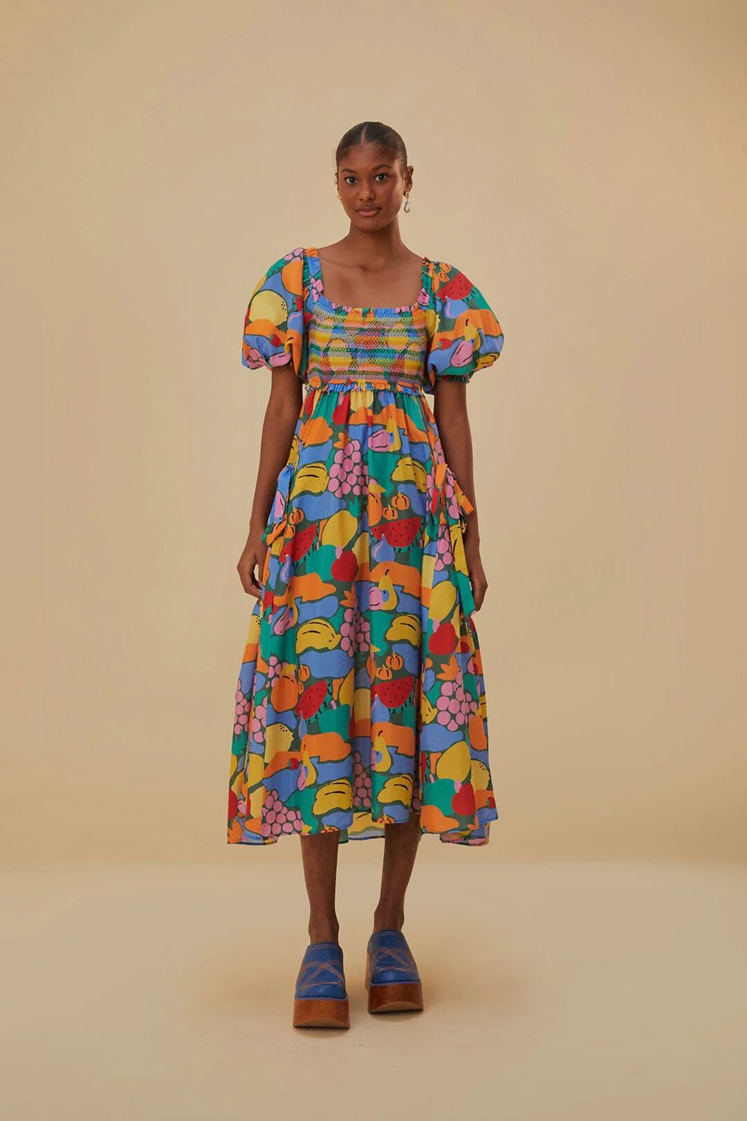 Multicolor Fruit Landscape Short Sleeve Midi Dress | FarmRio