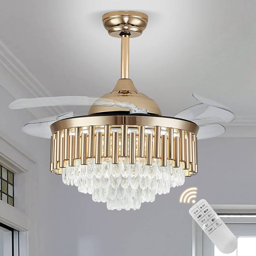 42 Inches Gold Invisible Crystal Ceiling Fan Chandelier, Modern Remote Control Crystal Ceiling Fa... | Amazon (US)