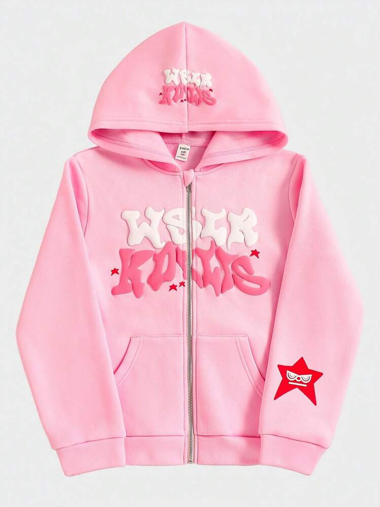 SHEIN Tween Girl Streetwear Hooded Zip-Up Sweatshirt, Thermal Lined For Autumn/Winter | SHEIN