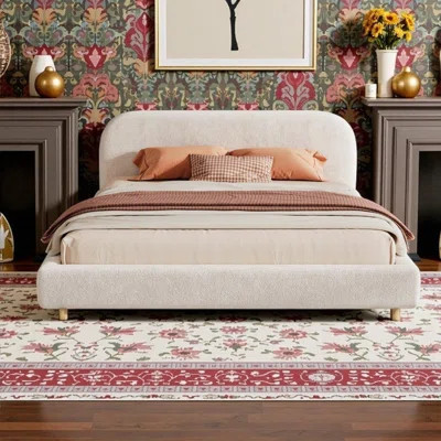 King Size Upholstered Platform Bed Frame With Boucle Fabric Curved Headboard & Solid Wood Legs | Wayfair North America