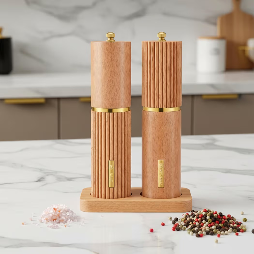 Wooden Salt and Pepper Grinder Set 8 Inch Manual Salt and Pepper Mill with Tray Adjustable Coarse... | Amazon (US)