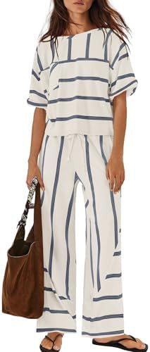 Panadila Womens Striped Lounge Set 2 Piece Summer Travel Vacation Sets Short Sleeve Tops and Wide... | Amazon (US)