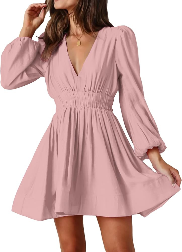 FAIABLE Mini Deep V Sexy Long Sleeve Dress for Women A-line High Waisted Casual Flowy Dress for C... | Amazon (US)
