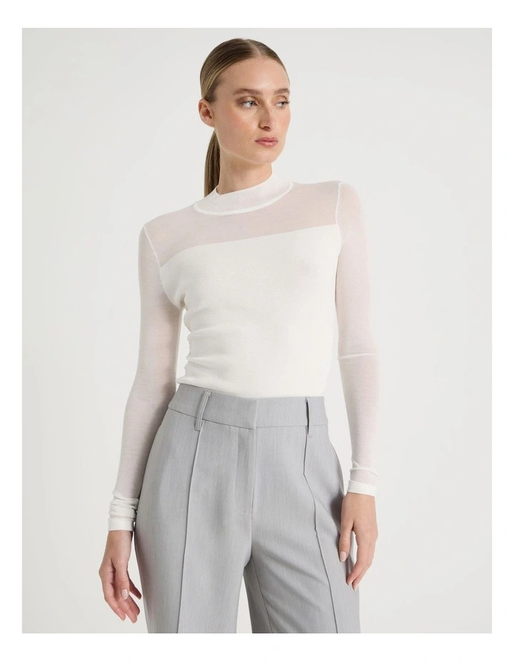 BlaqSheer Detail Long Sleeve Knit Top in Ivory | Myer
