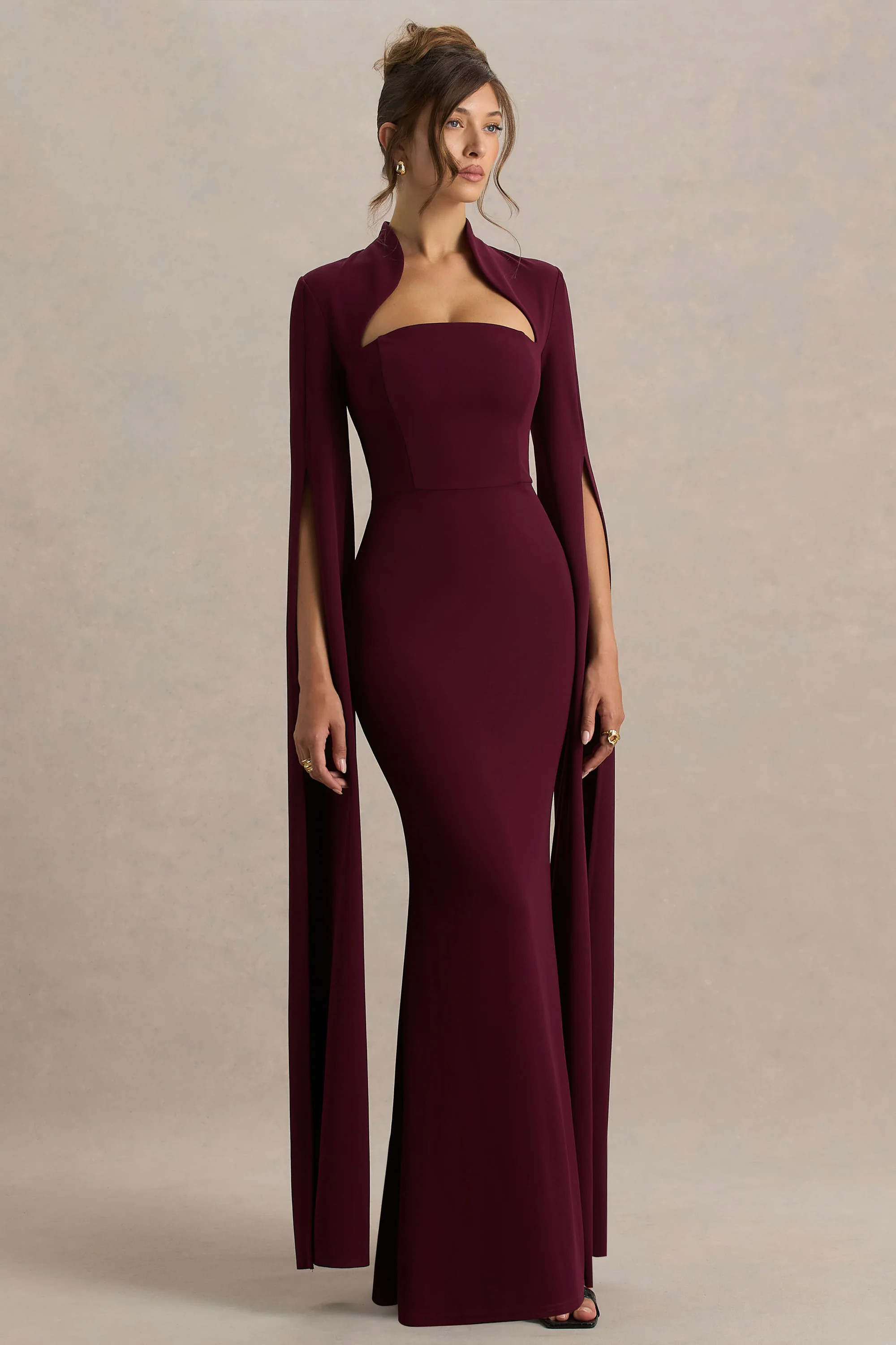 Esme  Burgundy Square-Neck Maxi Dress With Cape Sleeves | Club L London