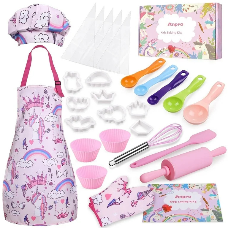 Gleamkid Complete Kids Cooking and Baking Set, 27 Pcs Aprons for Girls, Chef Hat, Mitt & Utensil ... | Walmart (US)