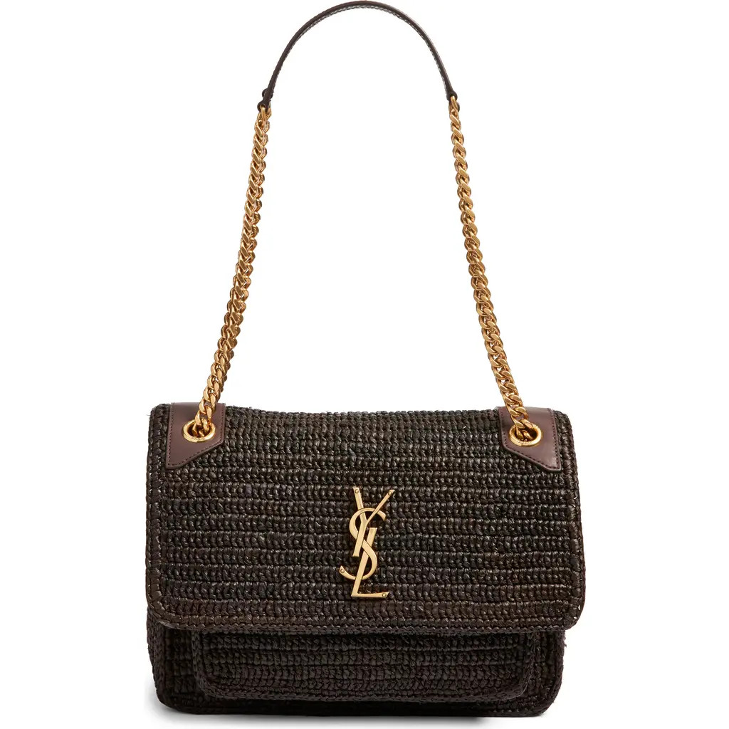 Saint Laurent Medium Niki Woven Raffia Shoulder Bag in Chocolate Truffle at Nordstrom | Nordstrom