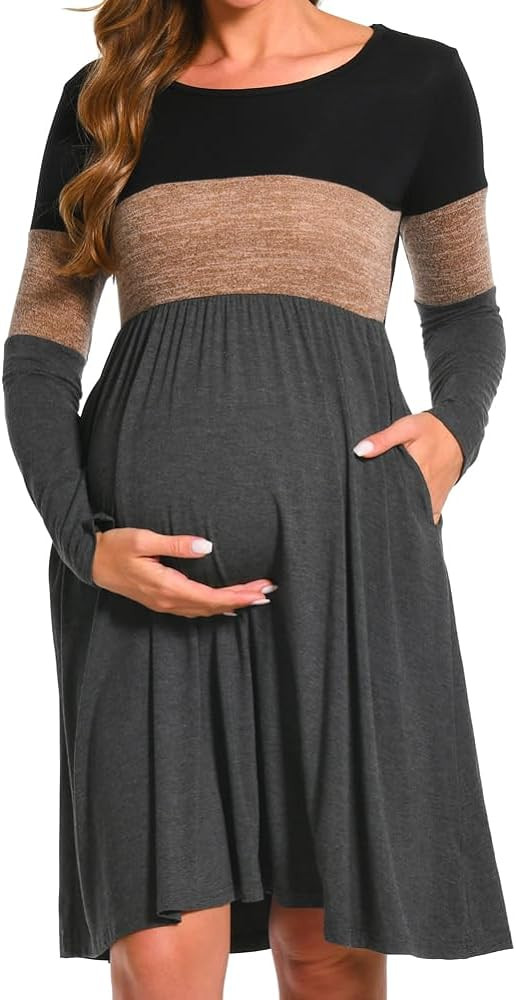 Bearsland Women’s Long Sleeve Maternity Dresses Patchwork Pregnancy Dress with Pocket | Amazon (US)