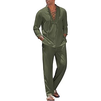 COOFANDY Men's 2 Piece Linen Set Long Sleeve Henley Shirts Casual Beach Pants With Pockets Summer... | Amazon (US)