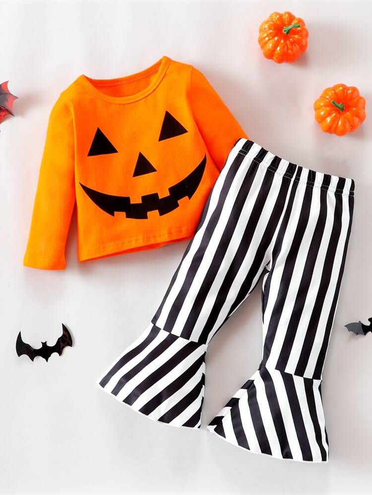 Baby Halloween Print Top & Vertical Stripe Flare Leg Pants | SHEIN