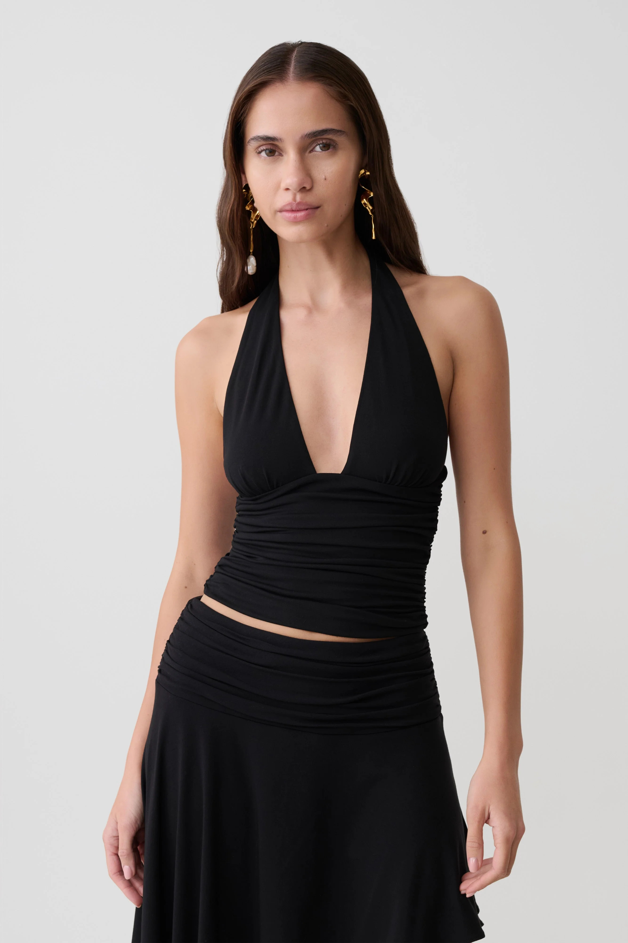 Peregrine Modal Gathered Halter Top - Black | MESHKI US