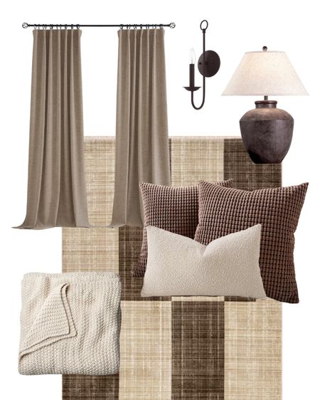 Warm neutral modern transitional earthy organic moody bedroom updates
Living room
Brown beige tan cream
Pleat curtains lamp throw blanket lighting sconce pillows