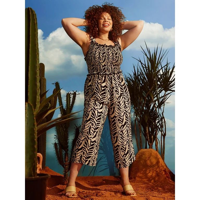 ELOQUII Elements Women's Plus Size Printed Crop Jumpsuit With Smocked Bodice | Walmart (US)