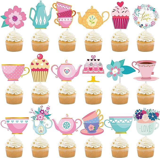 36Pcs Tea Party Cupcake Toppers Floral Tea Party Decorations Teacup Teapot Flower Cupcake Picks f... | Amazon (US)