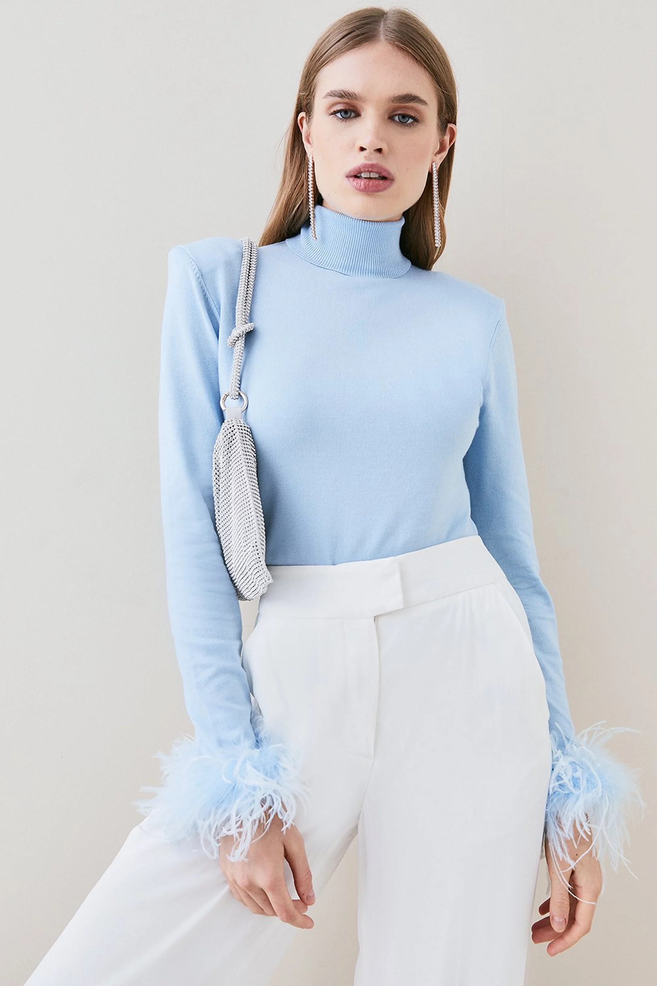 Feather Trim Fitted Knit Sweater | Karen Millen US
