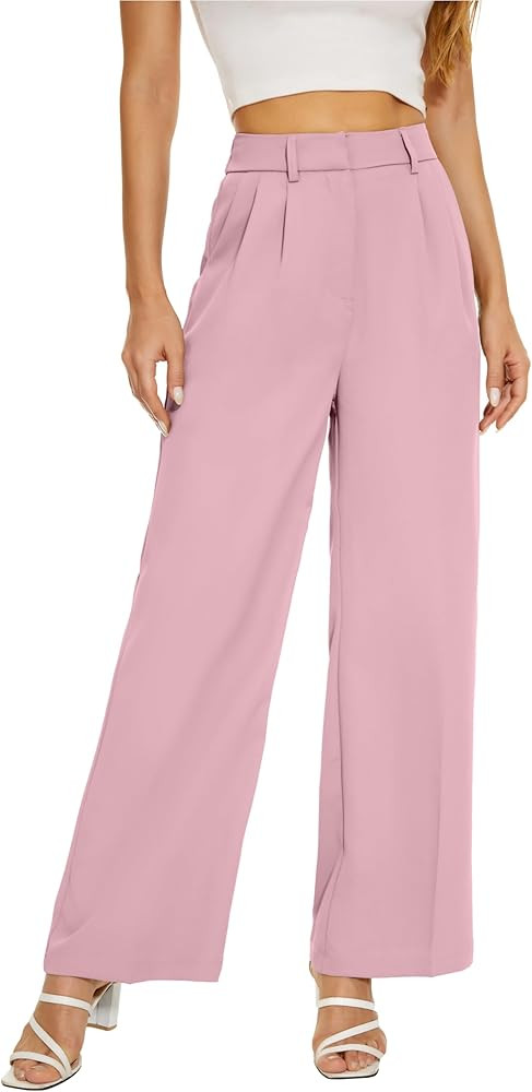 Women Wide Leg High Waist Wide Leg Pants Loose Fit Back Elastic Waist Pleated Front Trousers for ... | Amazon (US)