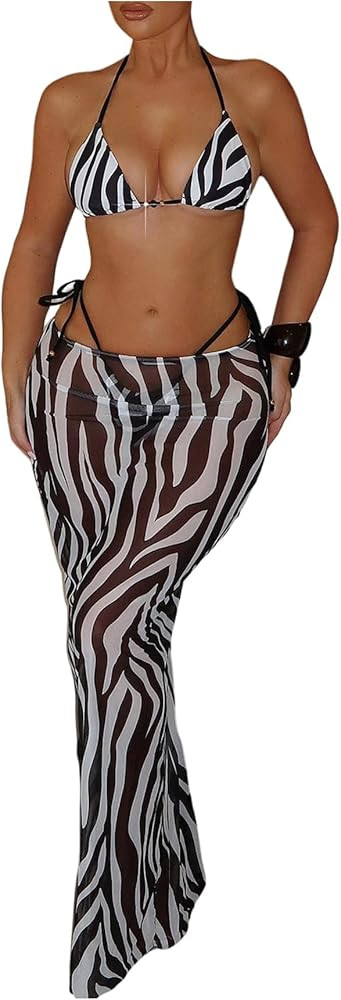 WDIRARA Women's 3 Piece Zebra Striped Bikini Set Halter Triangle String Swimsuit with Cover Up Sk... | Amazon (US)