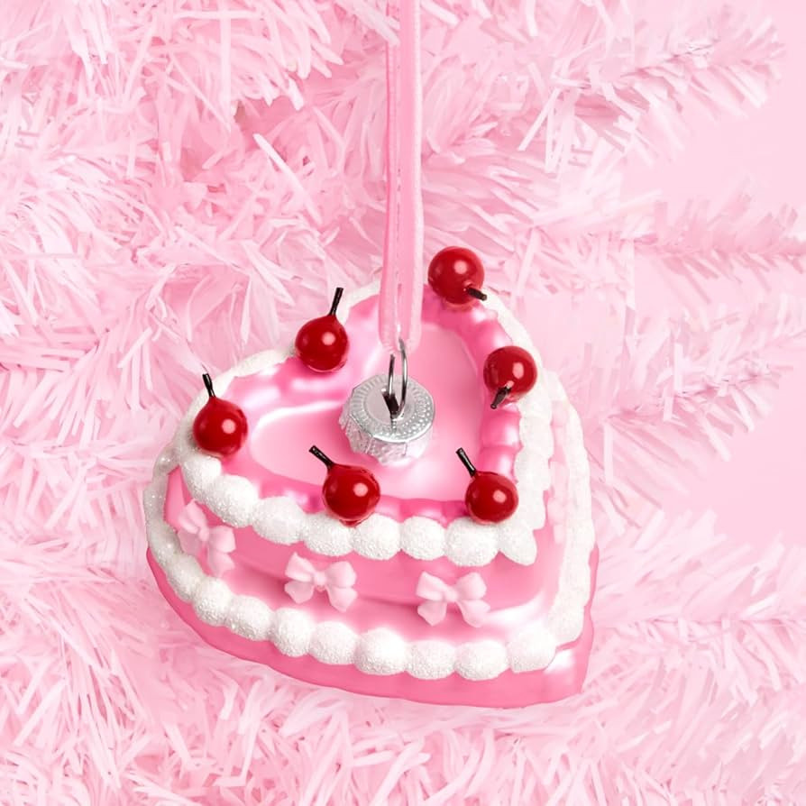 xo, Fetti Vintage Heart Cake Ornament | Pink Christmas Tree Decoration, Glitter Pinkmas, Cherries... | Amazon (US)