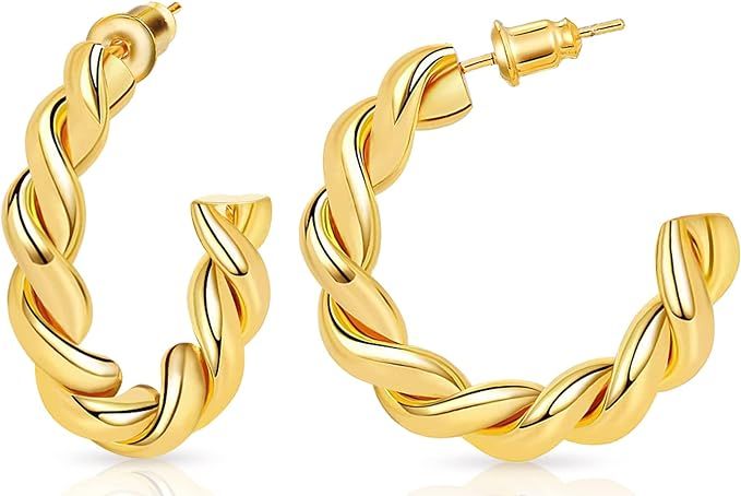Gold Twisted Hoop Earrings MORAOWA Chunky Gold Hoop Earrings for Women 14K Gold Plated Lightweigh... | Amazon (US)