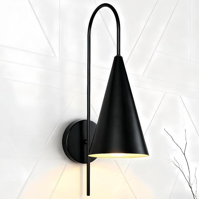 Modern Matte Black Metal Conical Sconce, Industrial Gooseneck Wall Light for Bedroom, Hand-Polish... | Amazon (US)