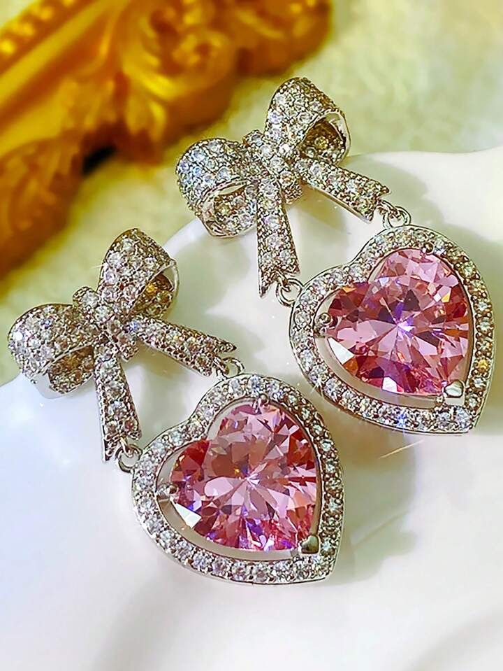 A Pair Of Fashionable And Exquisite Pink Heart-Shaped Earrings, Luxury Retro Diamond Bow Earrings... | SHEIN