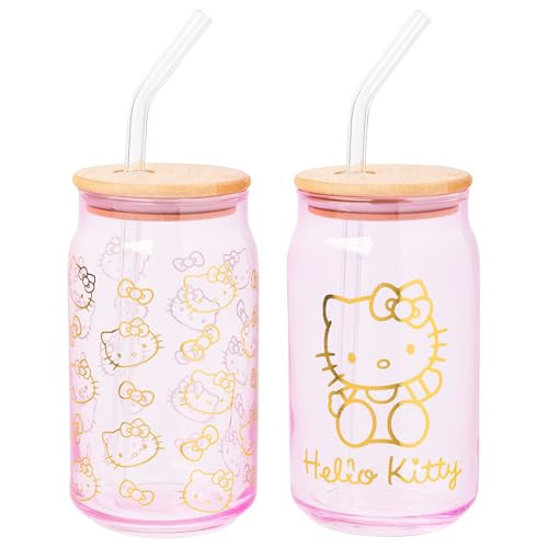Silver Buffalo Sanrio Hello Kitty Gold 2 Pack Pink Glass Jar Tumbler with Bamboo Lid and Glass Straw, 16 Ounces | Amazon (US)