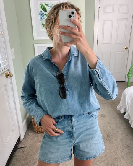 Loving an all denim outfit! Styled with gold accessories and sunglasses. Top is on sale at Jcrew! 

// chambray top, denim shorts, blue outfit, coastal and classic style 

#LTKfindsunder50 #LTKsalealert #LTKSeasonal