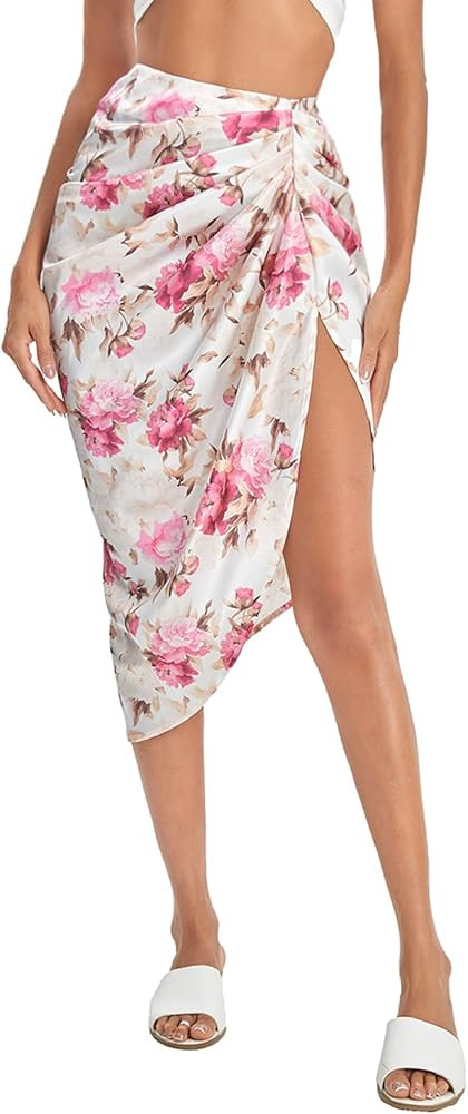 Floerns Women's Boho Floral Print Split Thigh Satin Ruched Midi Skirt | Amazon (US)