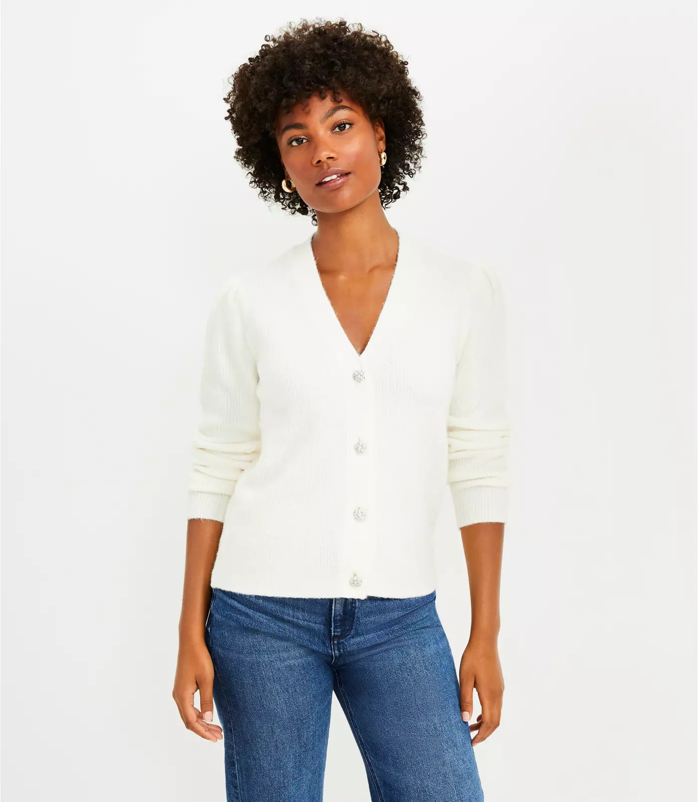 Jeweled Button V-Neck Cardigan | LOFT